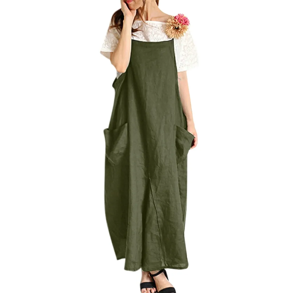 Feitong размера плюс льняное платье женское Повседневное платье на бретелях женское твердый нагрудник свободный Сарафан длинное платье Vestidos - Цвет: Зеленый