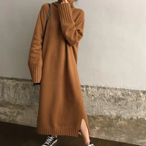 

Autumn Winter Turtleneck Pullover Sweater Long Knitted Dress Female Long Sleeve Vestido Vintage Sarafan Loose Robe Femme LJ117
