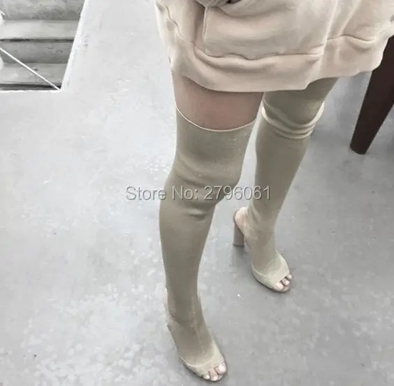 

2017 New Arrival Kim Kardashian Stretch Knit Over The Knee Boots Open Toe Cut Out Thick Heel High Heel Long Boots Slip-on