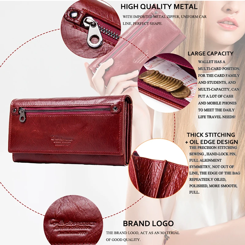 Contact's New Genuine Leather Women Clutch Wallets Multiple Cards Holder Long Female Purse With Phone Bag Fashion Woman Wallet
