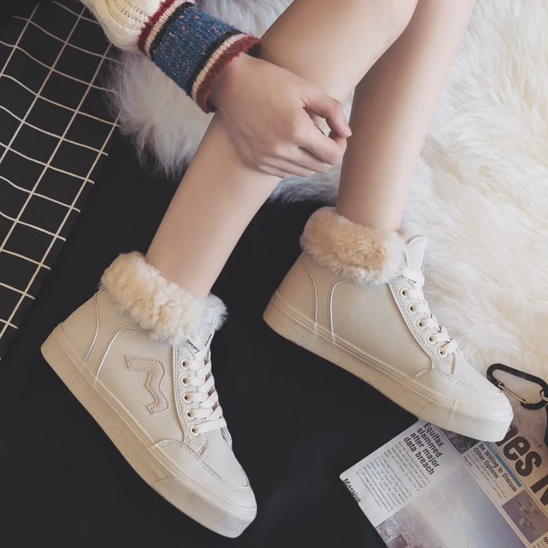 

2018 Winter Women Shoes New Fashion Warm Plush High-top Shoes Woman PU Leather Casual Shoes White Sneakers