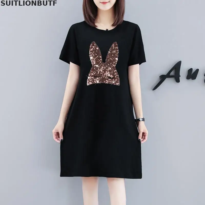 

5xl Rabbit Head Sequins Print Loose Short Sleeve Plus Size Dress Black Slim Knee-length Summer Dresses O-neck Casual Women Dress