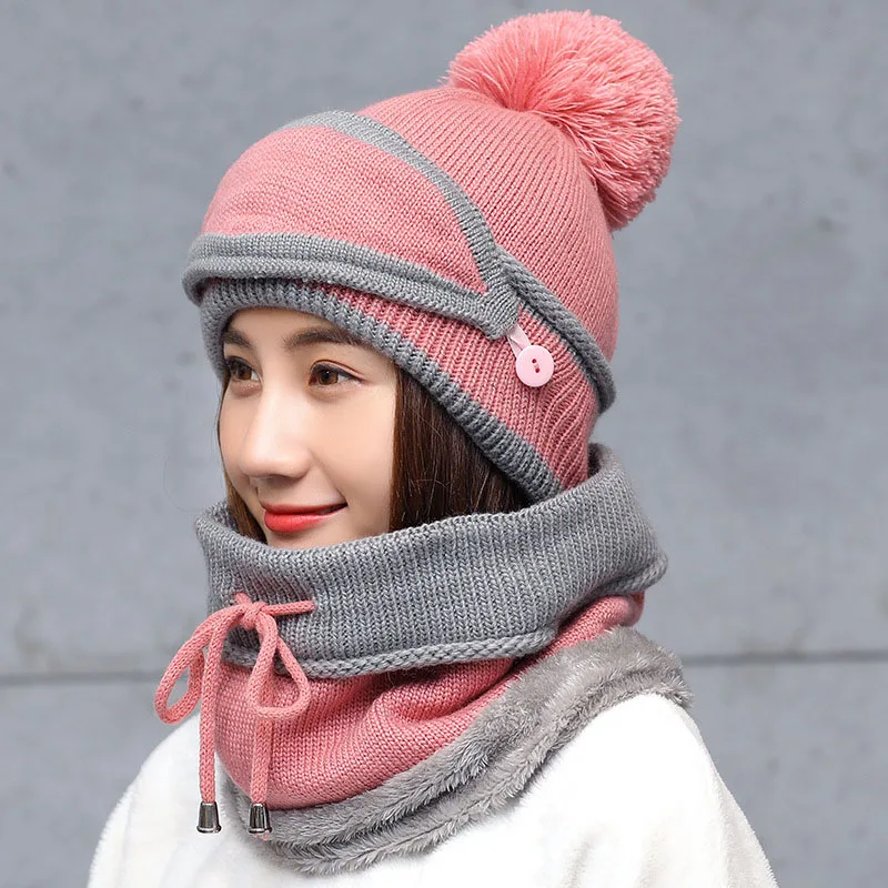 Шейный лыжный с подогревом шапка и шарф холодная теплая меховая подкладка зимняя женская шапка вязаные толстые бархатные шапочки шапка - Цвет: Pink