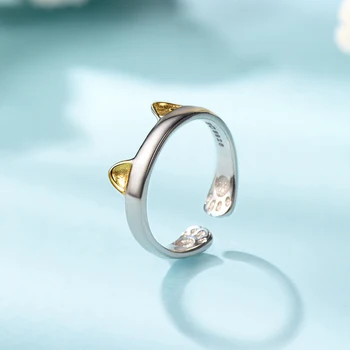 

Cat Ears Rings 925 Sterling Silver Adjustable Ring Cat Jewelry For Cat Lover Cute Cat Ear And Claw Ring R6033BK