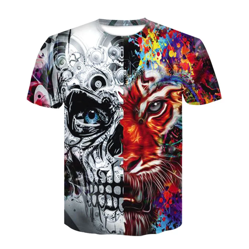 

New Pattern Mechanics Tiger Head Pattern Number Printing T Pity European Man Short Sleeve Hot T-shirts Summer