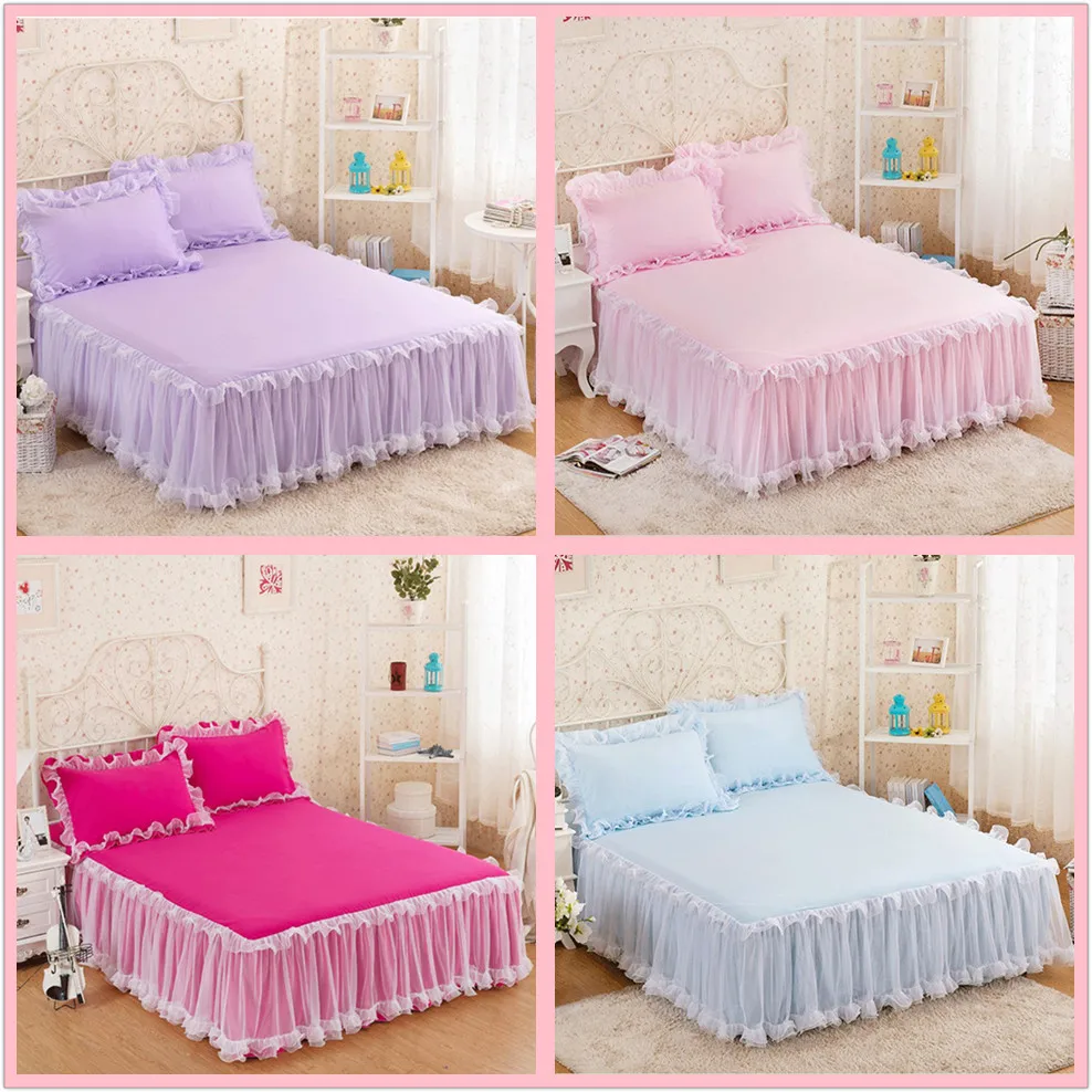

3PCS Luxury Rufflled Bedding Set Romantic Lace Bed Skirt Bed Sheet With Pillowcase Twin Queen Size Bedspreads for Girl Room