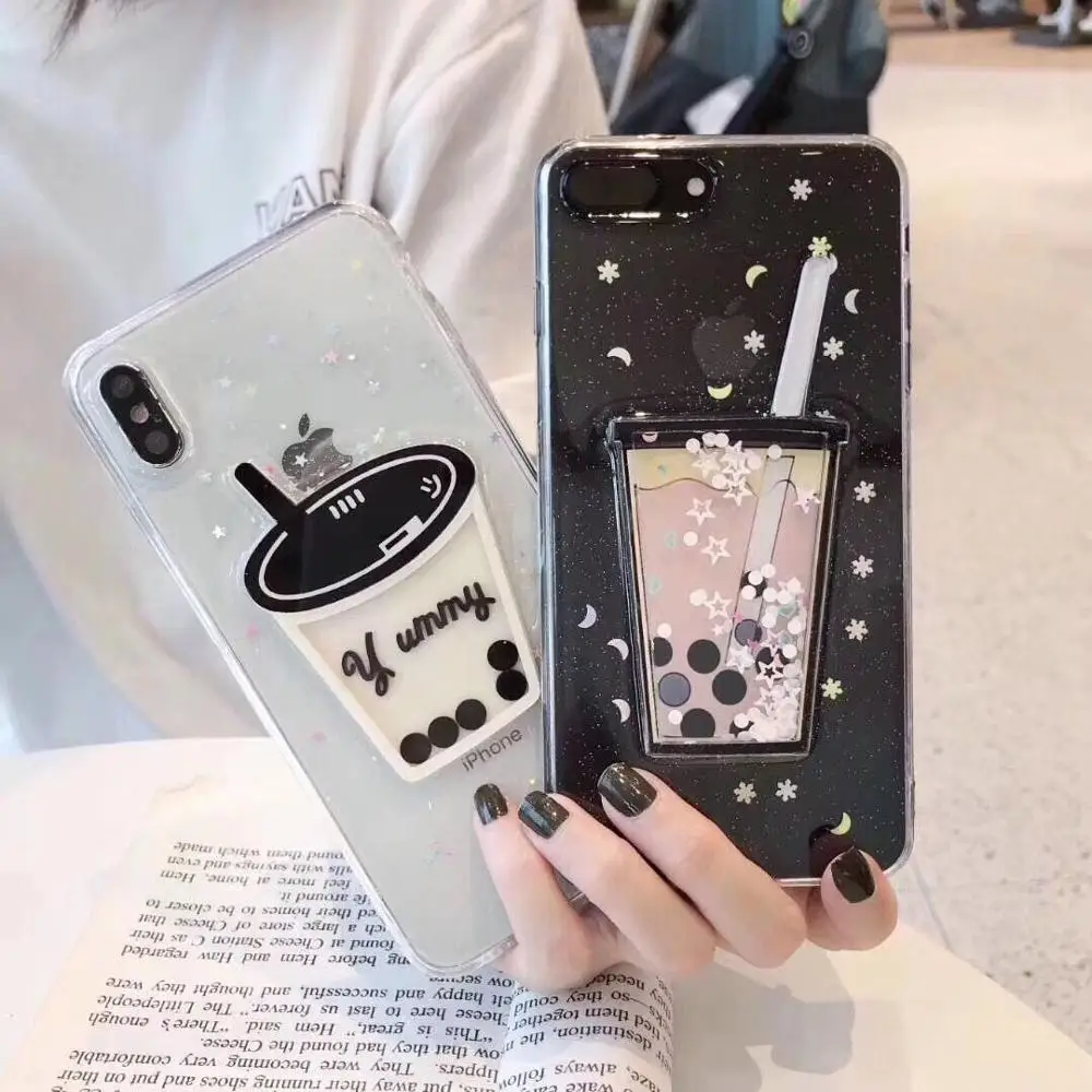 

ORYKSZ 3D Luxury Glitter Milk tea Silicone TPU Case For iphone XS XR X XS Max 6 6S 7 8 Plus Fashion Transparent Soft Phone Cases
