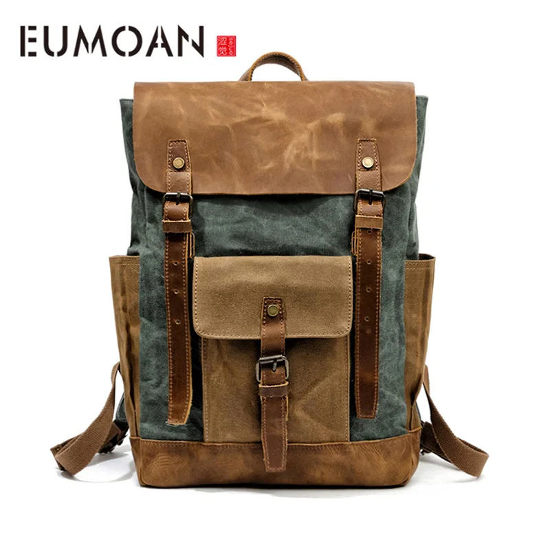 

EUMOAN Vintage color oil wax Waterproof travel backpack, canvas shoulder computer bag, large capacity shoulder backpack