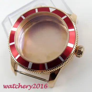 

46mm Bliger red alloy Rotating bezel golden plated Watch Case fit ETA 8215 2836 Movement men's Watch