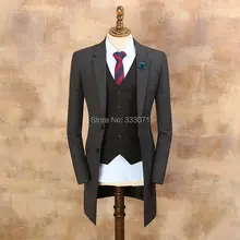 Лидер продаж, серые смокинги для жениха, высокое качество, длинный стиль, мужской строгий костюм жениха, Свадебная вечеринка, 3 предмета для мужчин(куртка+ брюки+ жилет