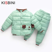 KISBINI/детская зимняя одежда для девочек и мальчиков, пуховик+ штаны, наборы одежды унисекс, теплые парки с рисунком, комплекты с воротником-стойкой