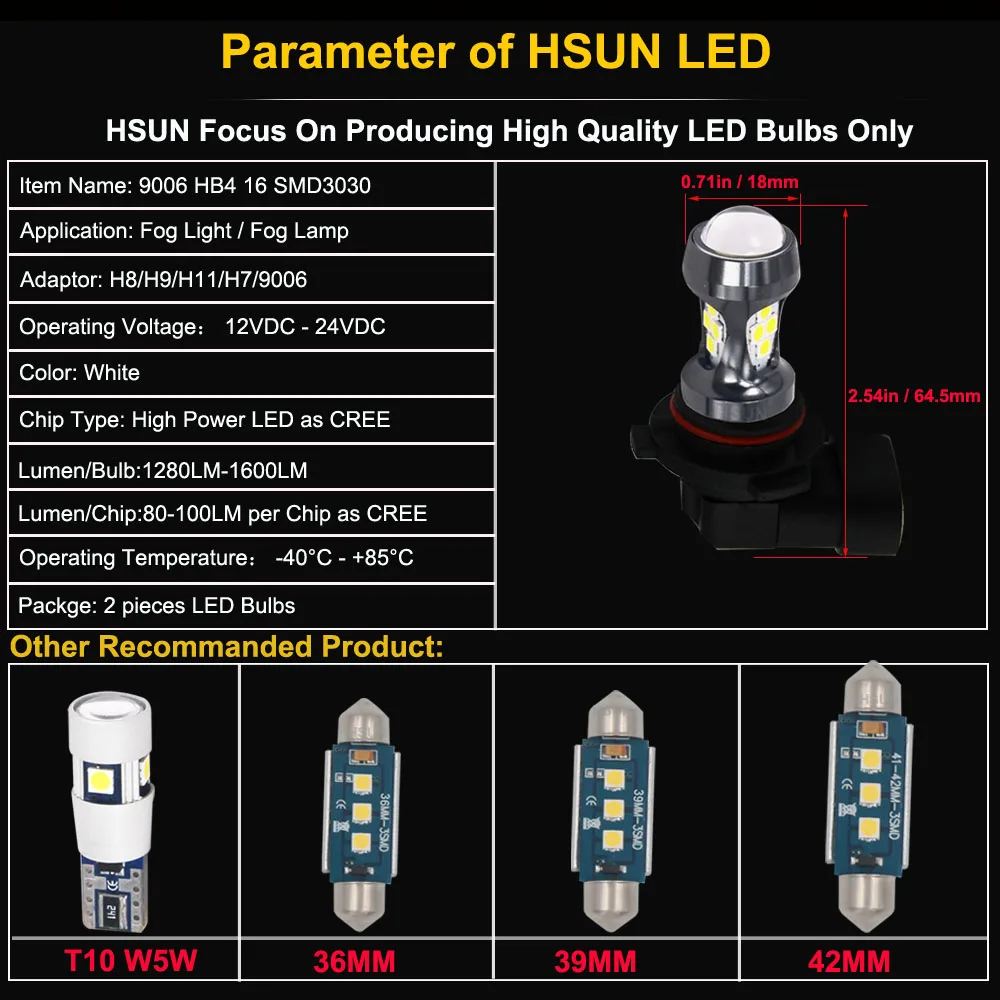 HSUN 2 шт. HB4 9006 HB3 Противотуманные фары s Лампа 6000 лм K белая автомобильная лампа для
