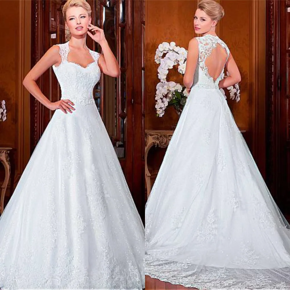 

Marvelous Tulle Lace Wedding Dress Sexy Keyhole Back Sleeveless A-Line Court Train Bridal Gowns Beading Belt