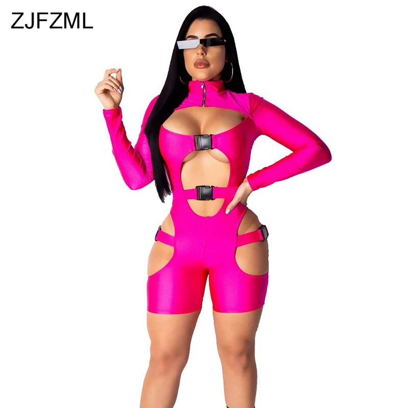 

Full Sleeve Sexy Romper Women Jumpsuit Casual Hollow Out Buckle One Piece Club Overall High Street Zipper Bodycon Short Bodysuit