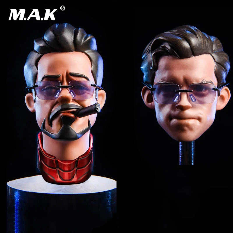 

1/6 Iron Head Anime Ver. Carton Style tony head Spiderman head WIth Glasses Cigar Red Collar Model Toy Head Carving Model