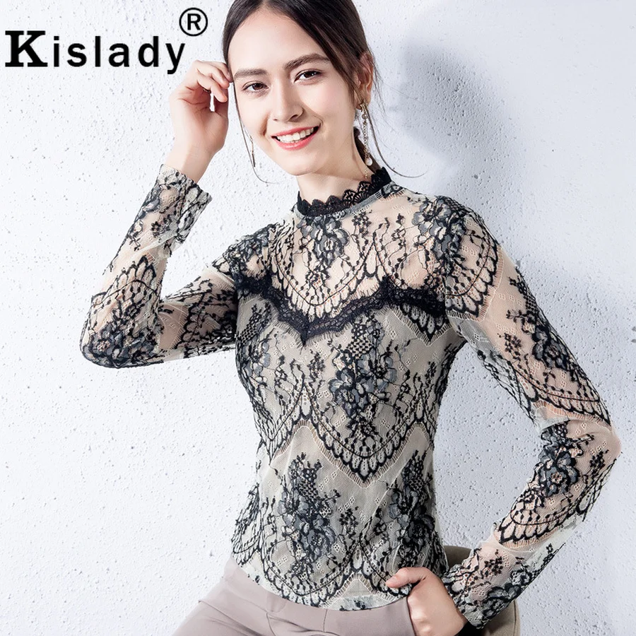 

Kislady 2019 New Spring Summer Foreign Flavor Lace Blouse Sexy Patchwork Long Sleeve Mesh Top Plus Size Transparent Shirt XXL