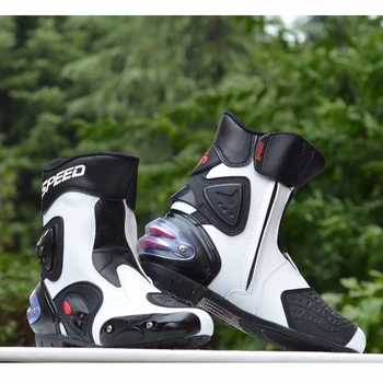 

Botas moto Hombre motorcycle boots Pro-biker Speed Bikers Moto Racing Motocross Leather Shoes A004 Black/red/white Free Shipping