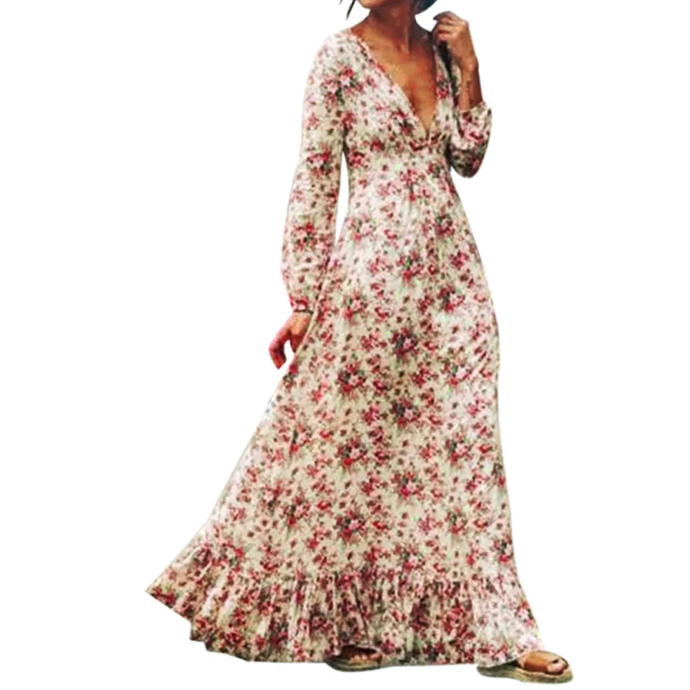 KLV Vestidos femininos المرأة الصيف خمر الشاطئ فراشة كم فستان الشمس الأزهار بوهو فستان طويل سواريه 4.25