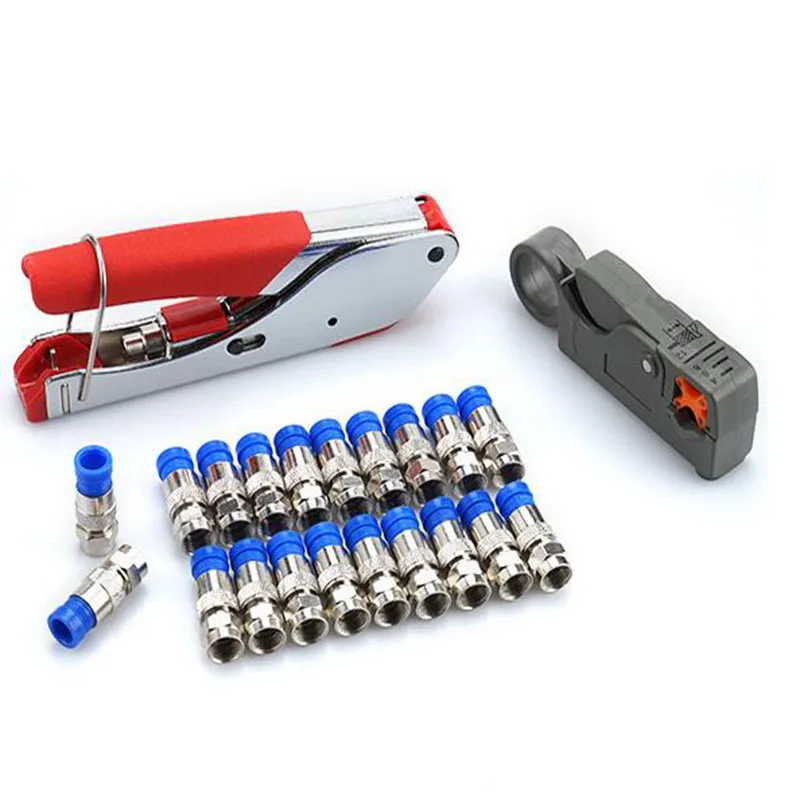 

1 set Coaxial Cable Wire Stripper RG6/RG59 F Compression 20pcs Connector Tool Crimping Pliers Wire Stripping Pliers Kit