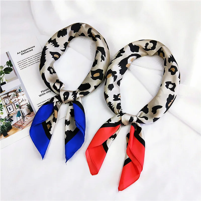 

70x70 Leopard Print Silk Scarf Women Scarf Squares Multifunctional Head Scarf Multicolor Stripe Print Kerchief Neck Shawl Wrap