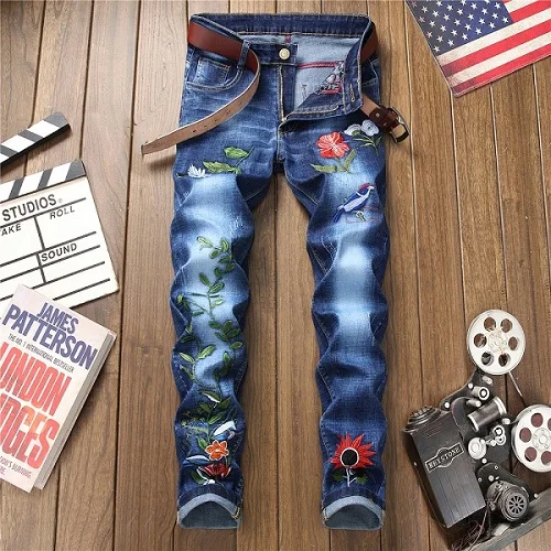 Новинка, джинсы в стиле хип-хоп с вышитыми цветами, прямые облегающие мужские байкерские джинсовые брюки с принтом, джинсовые штаны - Цвет: 662