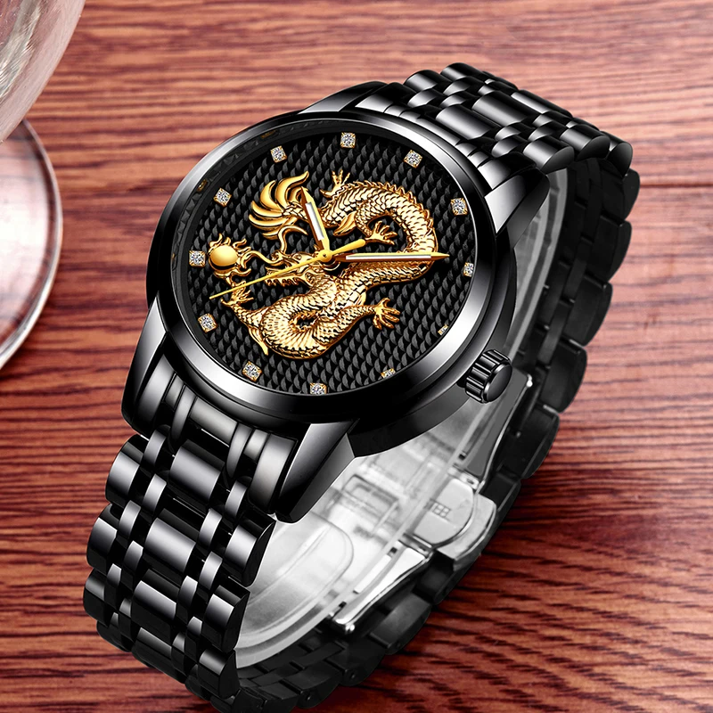 2021 LIGE New Golden Mens Watches Top Brand Luxury Chinese Dragon Watch Business Full Steel Quartz Clock Male Relogio Masculino