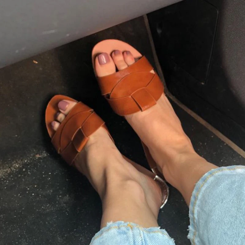 

Flat with Women's Shoes Summer Beautiful Large Size Women's Slippers Slip-on Comfort PU Outside Summer Slides Retro Fashion