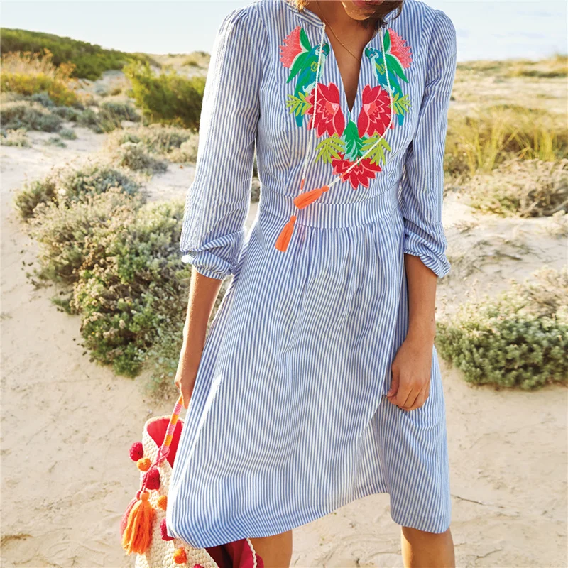 Пляжная накидка в полоску с вышивкой хлопковый купальный костюм накидка парео-туники для пляжа Saida Praia пляжная одежда женское пляжное платье# Q573
