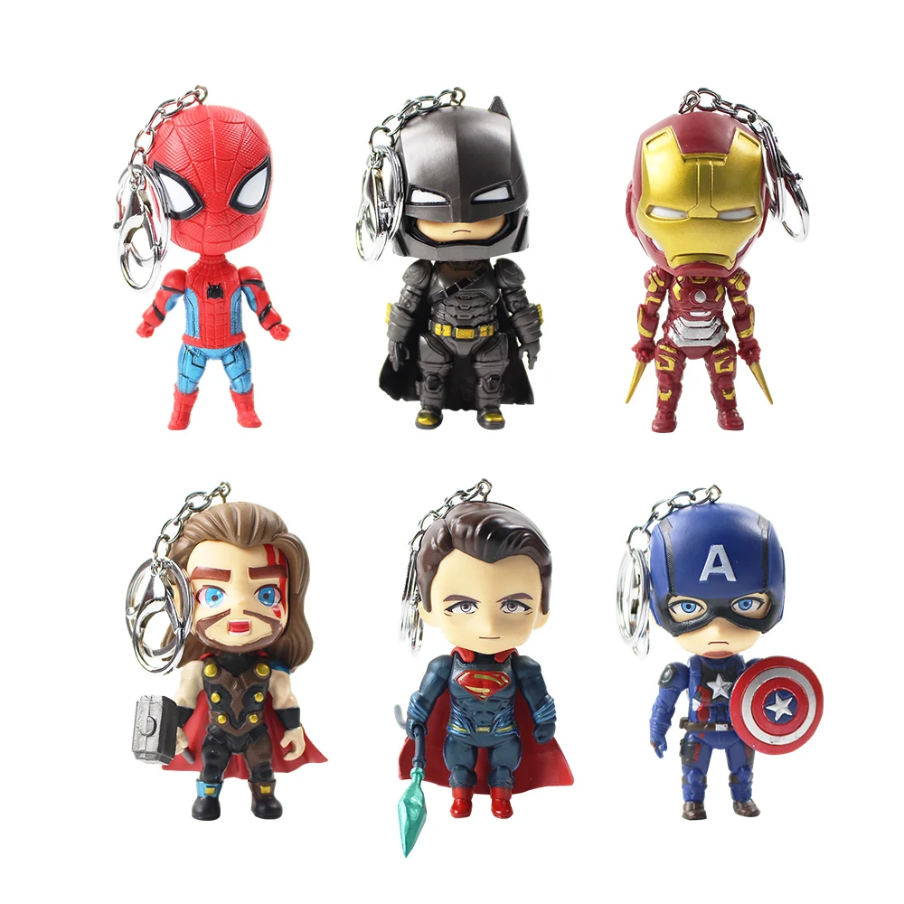 

6pcs/lot Marvel Avengers Keychain Spiderman Batman Iron man Thor Superman Captain America Pendant PVC Action Figure Model Toy