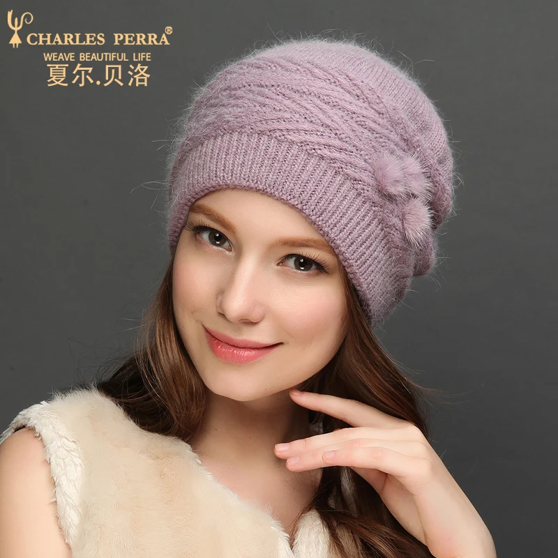 US $22.39 Charles Perra Women Wool Hats New Autumn Winter Rabbit Hair Knitted Caps Warm Protect Ear Casual Femal Skullies Beanies 7310