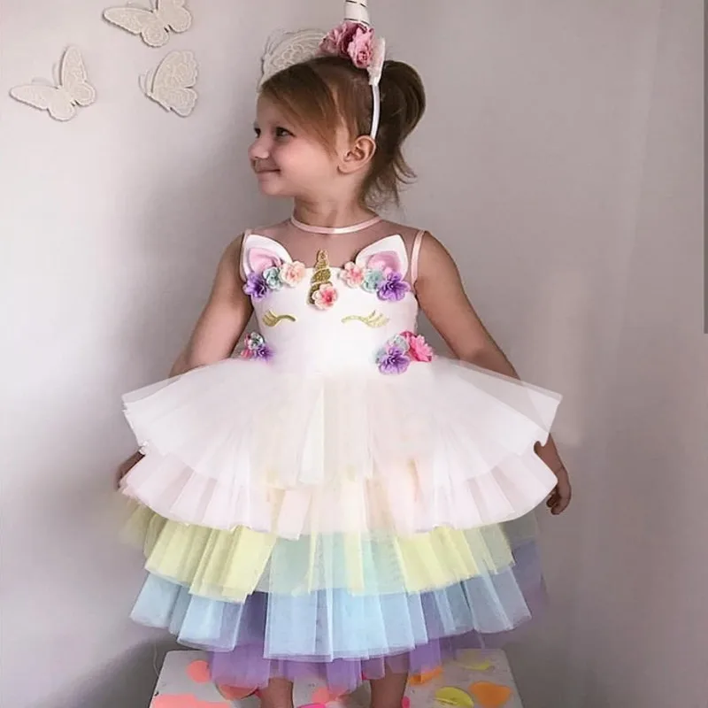 

Unicorn Party Fluffy Girl Tiered Tutu Dress Halloween Rainbow Pony Costume Princess Toddler Girls Backless Cartoon Unicorn Dress