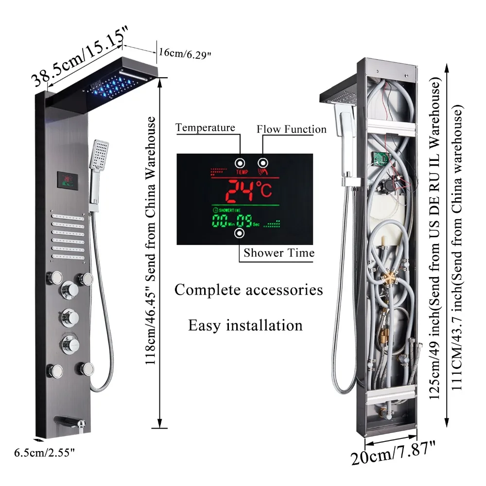 Светодиодный душ для ванной, душевая панель, Золотой водопад, дождевая душевая колонка, кран, Цифровой температурный экран, Душевая система, смеситель для ванны, носик