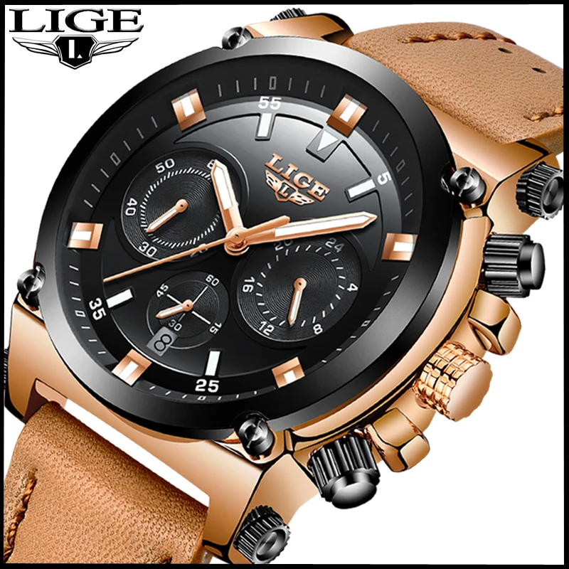 

Mens Watches LIGE Top Brand Luxury Men's Military Sports Watch Men's Big Dial Waterproof Leather Quartz Watch Relogio Masculino