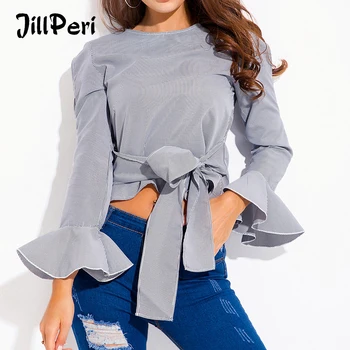

JillPeri Women Sexy Crop Top Autumn Ruffles Long Sleeve Blouse Daily Outfit Shirts Fashion Striped Bow Street Wear Short Tops