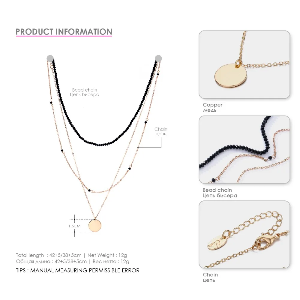 e-Manco Charming Multilayer Choker Necklace Beaded Chain Necklace For Women Copper Gold Color Pendant Necklace Fashion Jewelry