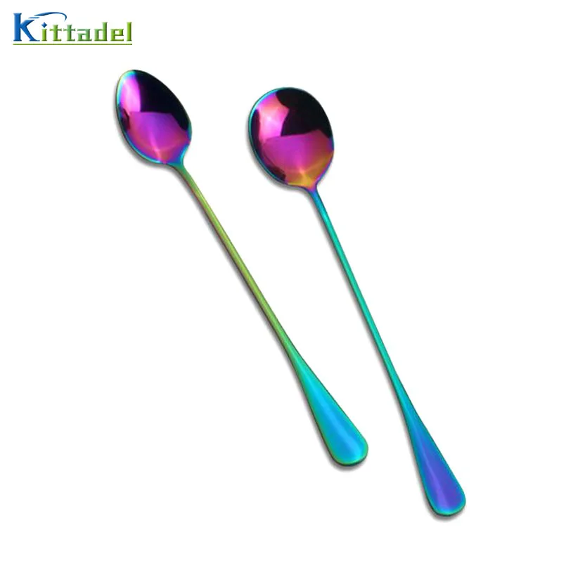 

1PC Stainless Steel Coffee Spoon 19cm Long Handle Rainbow Color Dinnerware Kitchen Ice Spoon Tea Cold Drink Accessories