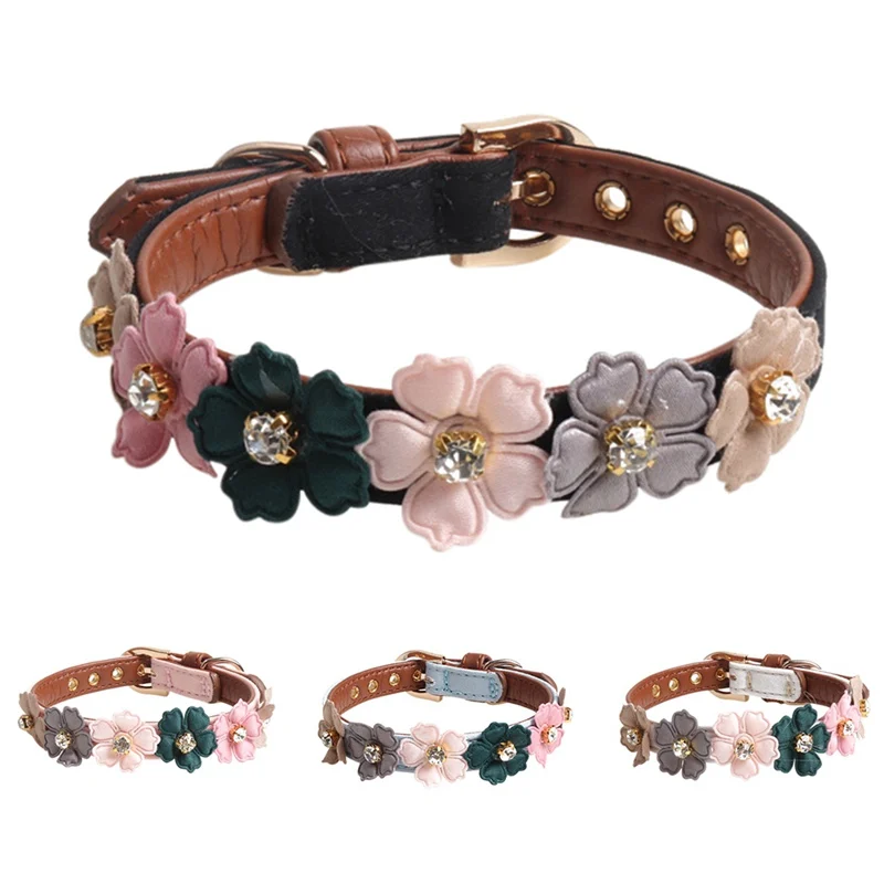 

PU Leather Puppy Collar 3D Flower Collar Cute Shiny Diamonds Leather Dogs Necklaces Pet Adjustable Collars For Small Medium Dog