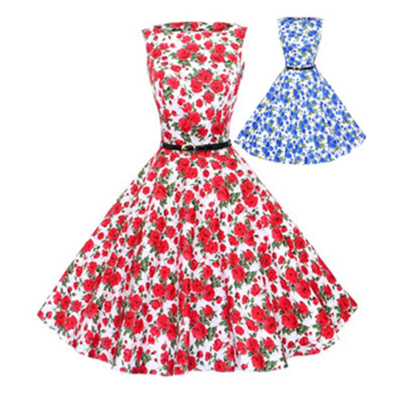 

XS-XL Women Retro Vintage Dress Audrey Hepburn 1950 60S O neck Sleeveless Floral Print Dress Ladies Elegant Vestidos Swing Dress