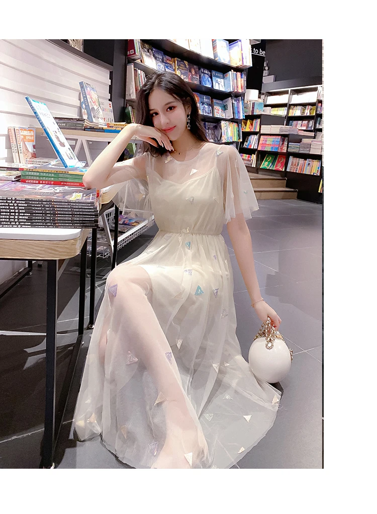 Платье летнее Новое корейское Сетчатое платье для путешествий+ новое французское Сетчатое газовое платье костюм из двух предметов для женщин