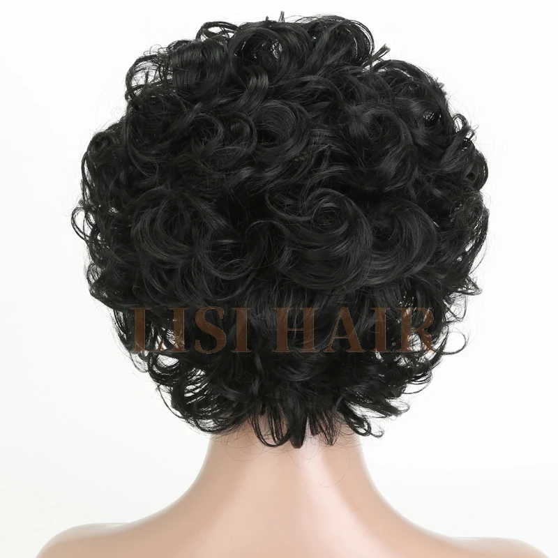 LISI волосы афро волнистые короткие кудрявые синтетические парики для черных женщин черный цвет вьющиеся волосы парик 6 дюймов жаропрочное волокно 220 г
