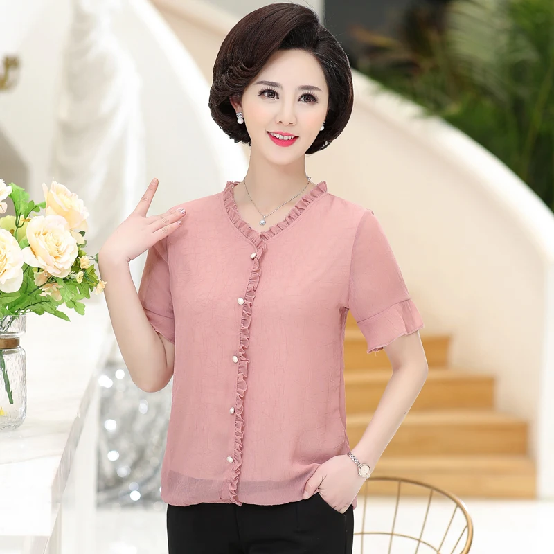 

Solid Chiffon TShirt Women Camisa 2019 New Summer Casual Loose Middle Age Mother Short Sleeves V-neck Tops Plus Size Clothing