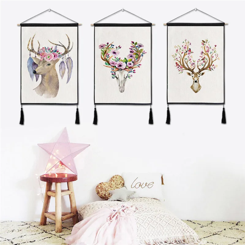 

1pc Wall Hanging Painting Nordic Flower Deer Cotton Linen Wall Decorative Tapestry for Living Room Home Decor Posters New Year