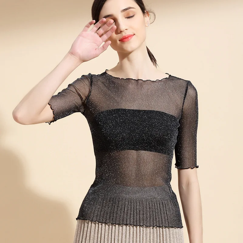 2018 new Fashion Five sleeves Summer Sexy T-shirts see through mesh Women Solid Color Fashion T-shirt AL28679 2018 new Fashion Five sleeves Summer Sexy T-shirts see through mesh Women Solid Color Fashion T-shirt AL28679