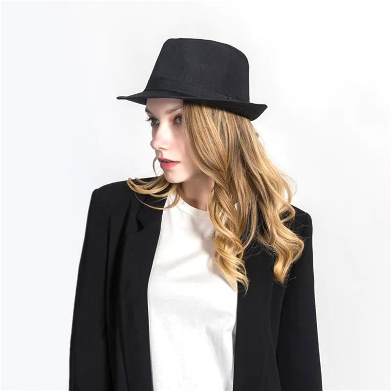 

Women Fashion Jazz Hats Black Spring Autumn Vintage Gentleman Elegant Unisex Panama Trilby Hats For Men Cotton Fedoras Caps