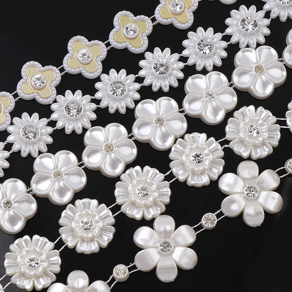 

20-26mm 5Style 1Yard Fishing Line Flower Small Daisy ABS Pearl Beads Chain Trim with Rhinestone for DIY Wedding Party Decoration