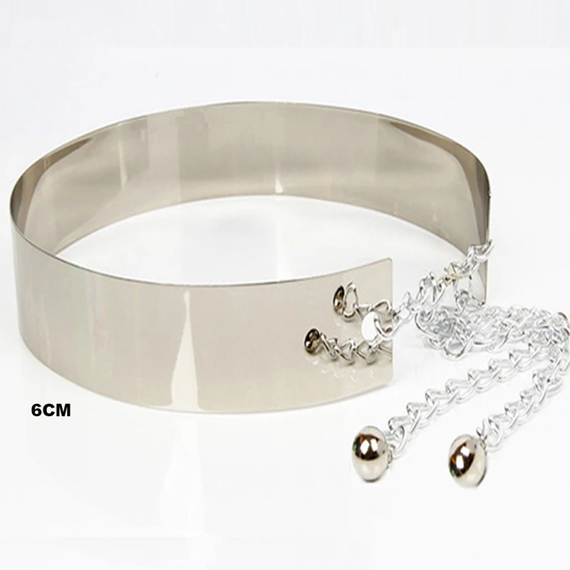 

Fashion Design Metal Mirror Waist Lady's Belt Chain Buckle Wide Waist Gold Belt Double Button Type