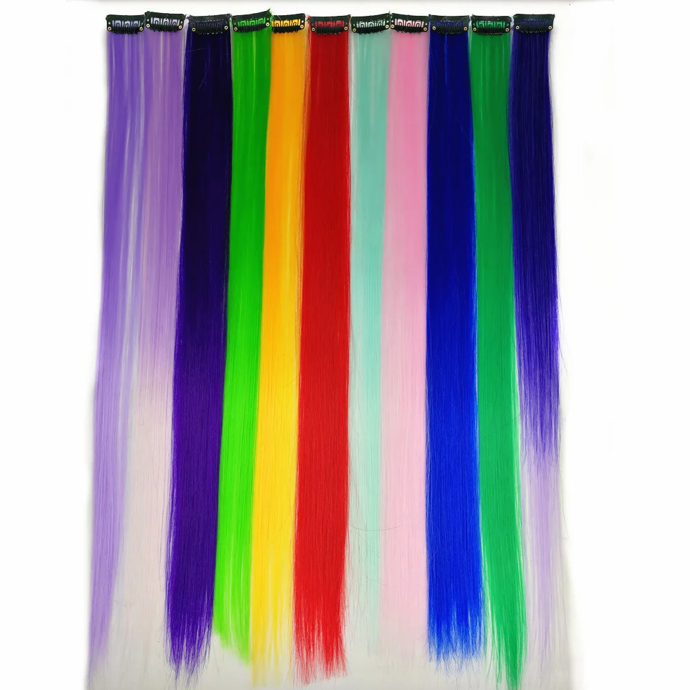 10 шт., 1 клипса в одном, синтетические волосы для наращивания, Омбре, фиолетовый, синий, 10 цветов, 50 см, длинные прямые волосы на клипсах для женщин