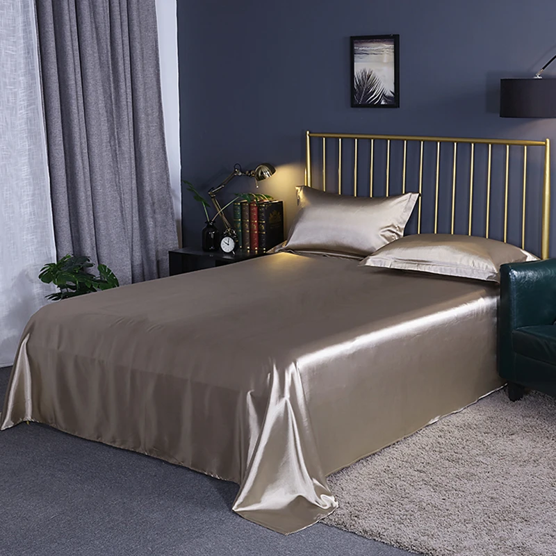 

Soft silk flat sheets pillow case satin Gold solid color Imitation silk bedding 3pcs bed sheet+pillowcase queen king Size #a