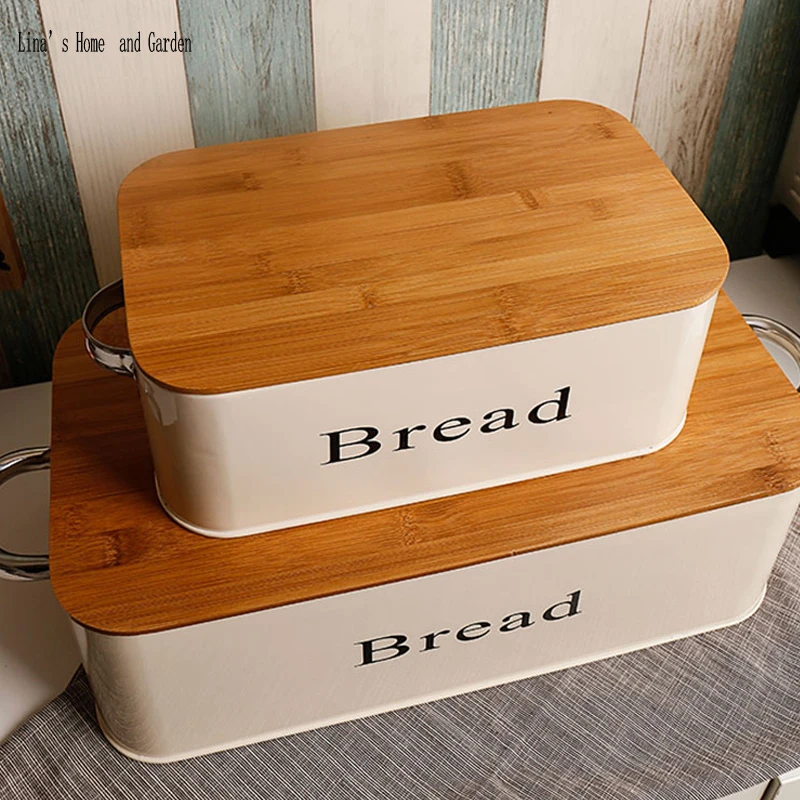 

set 2 pieces powder coat white metal bread storage box with bamboo cover