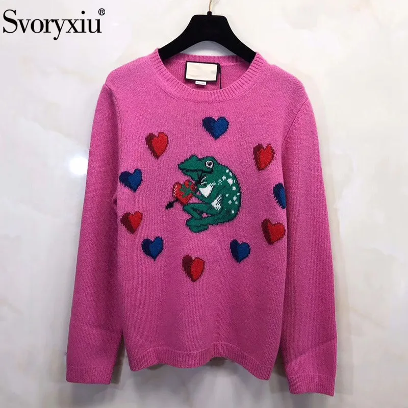 

Svoryxiu Designer Autumn Winter Wool Blended Pullovers Sweater Women's Fashion Heart-Shaped Frog Embroidery Knitting Sweater